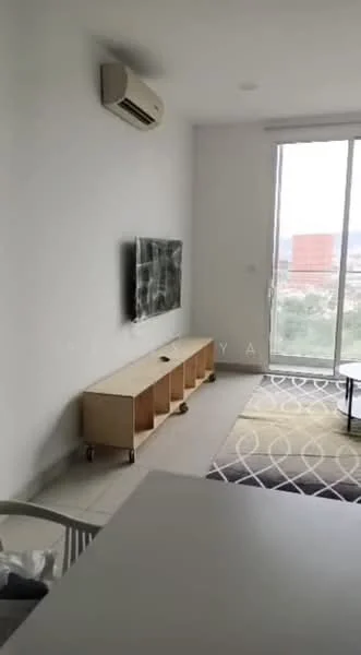 Living features: white painted walls, tile flooring, floor-to-ceiling windows, sliding glass door, wall-mounted TV, wooden TV console, area rug with geometric pattern, 1 wall-mounted split AC, coffee table, decorative wall art; style: modern; view: city.
