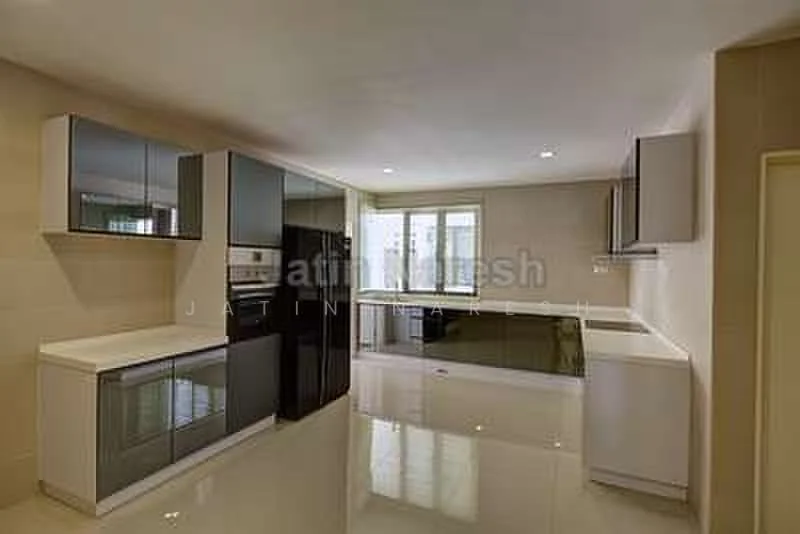 Kitchen features: white cabinetry with flat-panel doors, black appliances including fridge and oven, white countertop, black glass backsplash, double-bowl stainless-steel sink, chrome pull-down faucet, floor-to-ceiling windows, recessed downlights, polished tile flooring, open layout, kitchen island, sliding glass door; style: modern; view: garden.