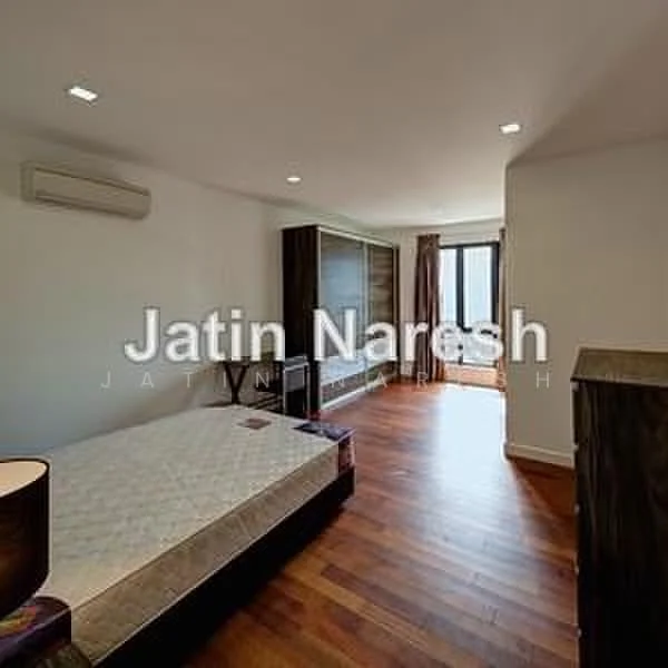 Bedroom features: wooden flooring, white painted walls, recessed downlights, 1 wall-mounted split AC, large window with city view, built-in wardrobe, queen-size bed frame, bedside lamp; style: modern; view: city.