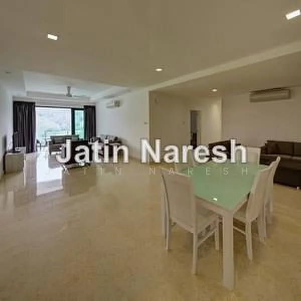 Living features: marble flooring, white painted walls, ceiling fan, floor-to-ceiling windows, sliding glass door, curtains, sofa in beige, coffee table, TV console, area rug, dining table with white chairs; style: modern; view: garden.