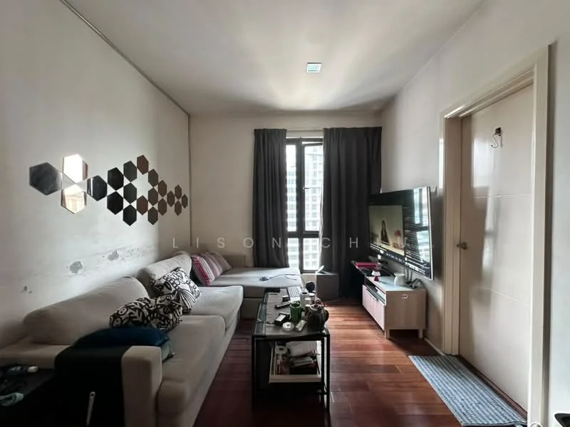 Living features: light grey painted walls, wooden flooring, floor-to-ceiling window, blackout curtains, 3-seater fabric sofa in white, decorative cushions, coffee table, wall-mounted TV, TV console, decorative wall art with hexagonal shapes, area rug, side table, LED ceiling light; style: modern; view: city.
