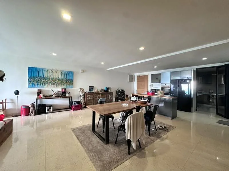 Living features: marble tile flooring, white painted walls, recessed downlights, dining table with black metal legs, 4 black dining chairs, area rug with neutral color, wooden sideboard, decorative artwork on wall, open kitchen layout, kitchen island with seating, stainless-steel fridge, built-in cabinets, sliding glass door, window with natural light; style: modern.