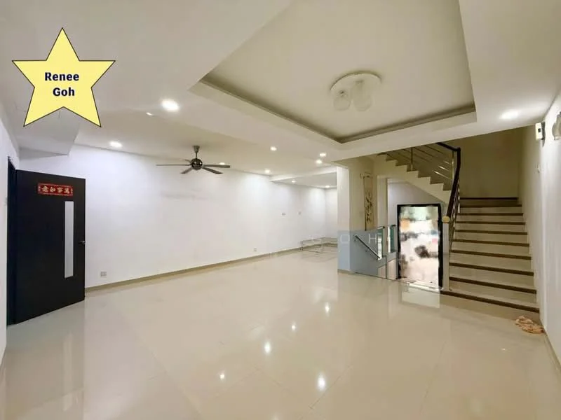 Living features: white painted walls, polished ceramic tile flooring, tray ceiling with recessed lighting, 5-blade ceiling fan with light, staircase with wooden handrail, glass door leading to staircase, open layout, natural light from windows; style: modern.