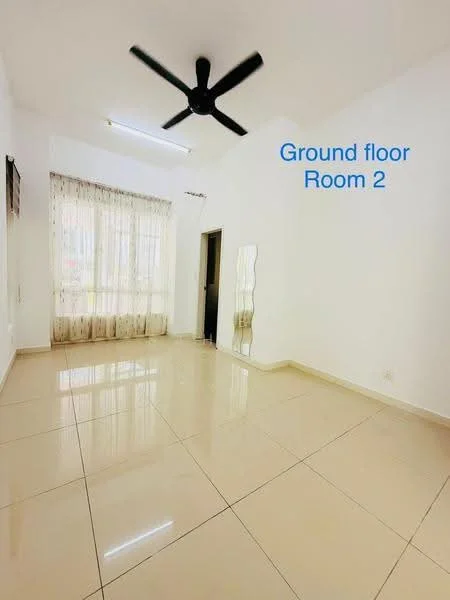 Room features: white painted walls, glossy tile flooring, 5-blade ceiling fan, large windows with sheer curtains, full-length mirror, door leading to hallway, natural light from windows, neutral color scheme; style: modern.