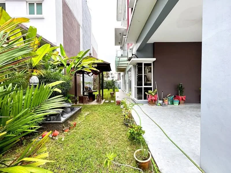 Exterior type: linked terrace house; features: manicured lawn, tropical landscaping, paved walkway, covered outdoor seating area, garden with potted plants, exterior wall with grey finish, large windows, side yard, open space, adjacent building visible; style: modern.