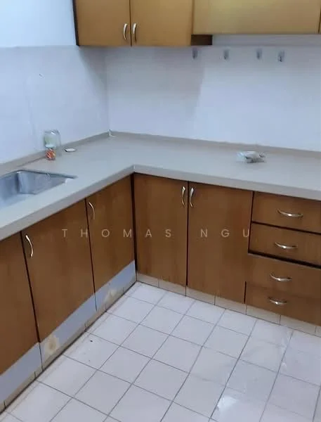 Kitchen features: single-bowl stainless-steel sink, chrome faucet, laminate countertop in beige, wood cabinetry in light brown, ceramic tile flooring in white, wall-mounted cabinets, drawer storage, counter space, wall tiles in white, hanging hooks; style: modern.