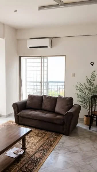 Living features: brown fabric sofa, wooden coffee table, area rug with geometric pattern, floor-to-ceiling windows, window with city view, wall-mounted split AC, decorative plant in pot, light-colored walls, marble flooring; style: modern; view: city.