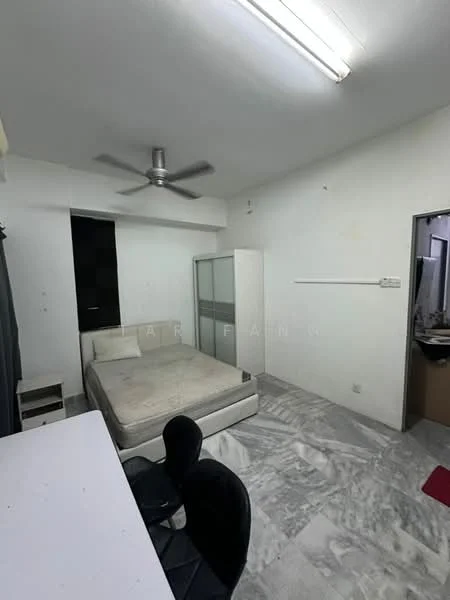 Bedroom features: queen-size bed, ceiling fan, white painted walls, marble flooring, built-in wardrobe, desk with chair, window with black treatment, light fixture with fluorescent lights; style: minimalist.