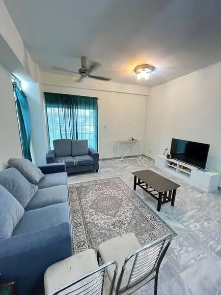 Living features: 3-seater fabric sofa in grey, 2-seater fabric sofa in blue, coffee table, TV console, wall-mounted TV, area rug with geometric pattern, ceiling fan, recessed downlights, floor-to-ceiling windows with sheer curtains, marble tile flooring, white painted walls; style: modern; view: city.