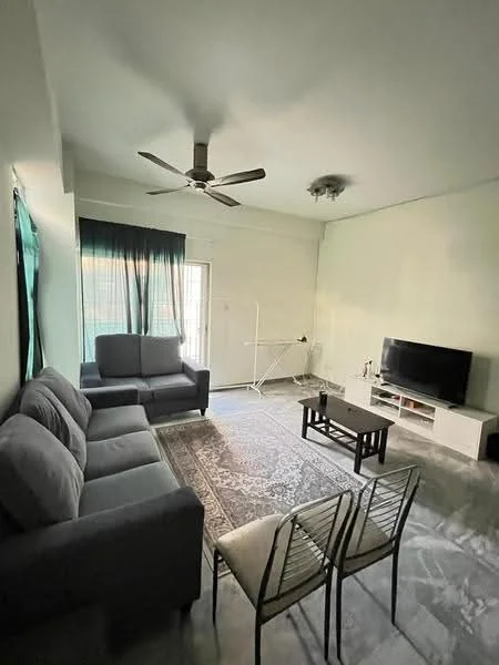 Living features: 3-seater fabric sofa in grey, 2-seater fabric sofa in grey, coffee table, TV console, wall-mounted TV, area rug with geometric pattern, 5-blade ceiling fan, floor-to-ceiling windows, blackout curtains, light-colored painted walls, polished concrete flooring; style: modern.