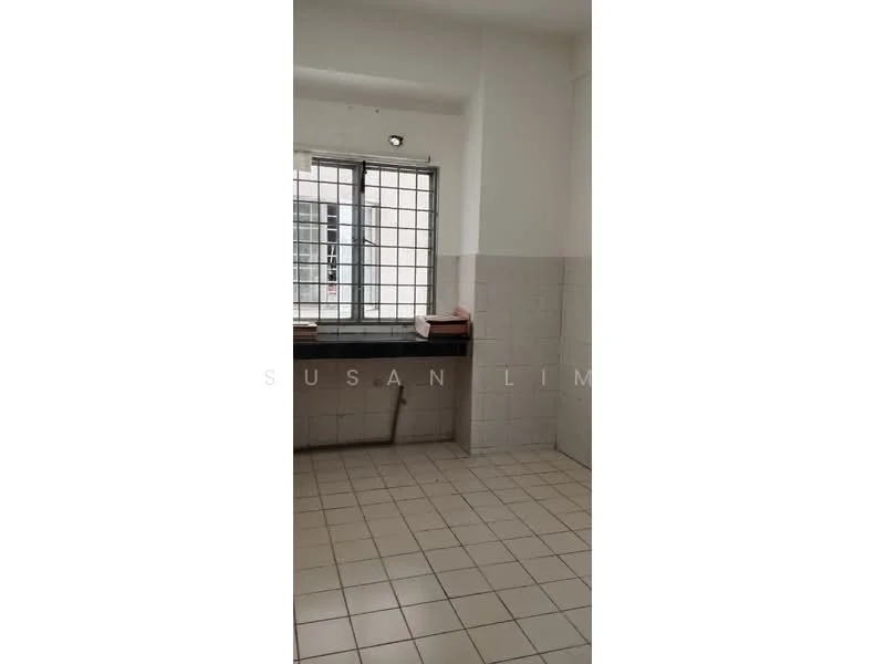 Room features: white tiled walls, light grey tiled flooring, large window with grid pattern, sink area, countertop, natural light from window.