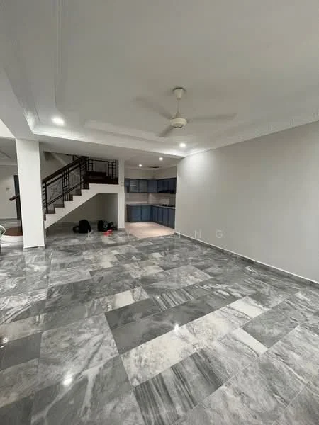 Living features: marble tile flooring, white painted walls, ceiling fan, recessed downlights, open layout, staircase with metal railing, large windows, neutral color scheme; style: modern. Kitchen features: kitchen cabinetry, countertop, appliances visible in background; style: modern.