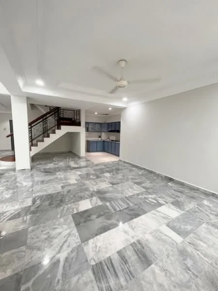 Living features: marble flooring, white painted walls, ceiling fan, recessed downlights, open layout, staircase with metal railing, large open space, neutral color scheme; style: modern. Kitchen features: blue cabinetry, countertop, open layout to living area; style: modern.