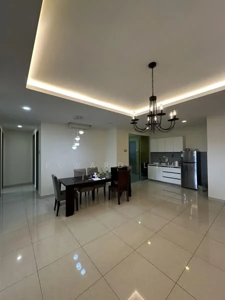 Living features: rectangular dining table with four chairs, chandelier with multiple bulbs, recessed ceiling lights, cream painted walls, glossy tile flooring, open kitchen layout, kitchen cabinetry in white, stainless-steel fridge, built-in oven, kitchen countertop, glass sliding door, wall-mounted light fixture; style: modern.