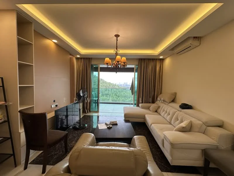 Living features: L-shape sectional sofa in white leather, coffee table, TV console, wall-mounted TV, floor-to-ceiling windows, curtains, recessed LED downlights, chandelier, air conditioning unit, decorative wall with light brown paint, dark area rug, open shelving unit; style: modern; view: city.