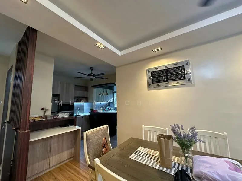 Dining features: wooden dining table, white dining chairs, decorative vase with flowers, striped table runner, wall-mounted artwork, recessed ceiling lights, laminate flooring, open layout to kitchen; style: modern. Kitchen features: kitchen cabinets, stainless-steel appliances, ceiling fan, countertop, open layout to dining area; style: modern.