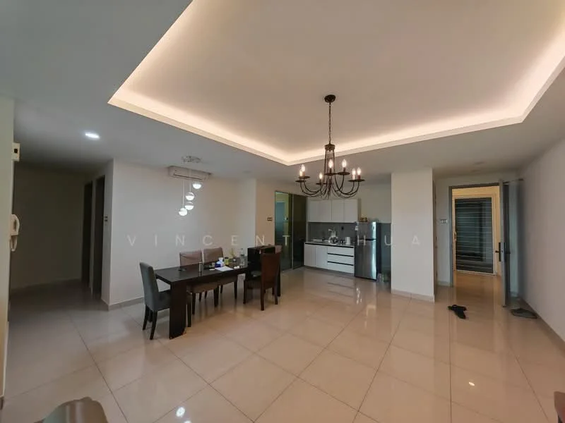 Living features: white painted walls, polished ceramic tile flooring, recessed downlights, chandelier, dining table with 4 chairs, open kitchen layout, kitchen island, floor-to-ceiling windows, sliding glass door, neutral color scheme, decorative wall art; style: modern.