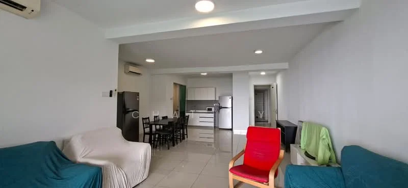 Living features: white painted walls, glossy tile flooring, 5-blade ceiling fan with light, sofa in blue fabric, sofa in white fabric, red armchair, dining table with four chairs, refrigerator, built-in kitchen cabinets, stainless-steel microwave, stainless-steel oven, kitchen countertop, green throw blanket; style: modern.
