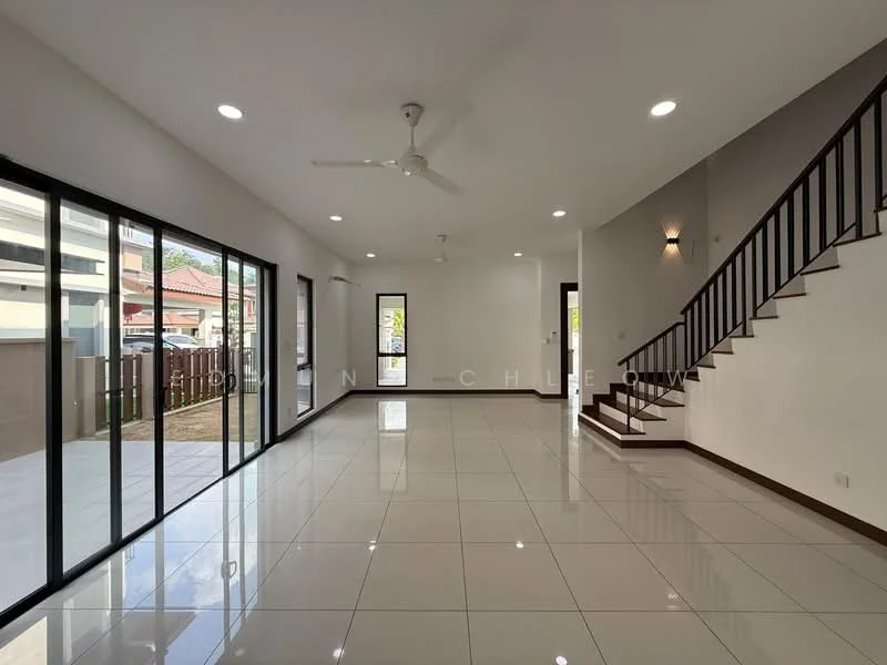 Living features: white painted walls, grey accent wall, polished ceramic tile flooring, 5-blade ceiling fan with light, floor-to-ceiling windows, sliding glass door, recessed downlights, staircase with wooden railing, open layout, natural light from windows, view of outdoor area; style: modern; view: garden.