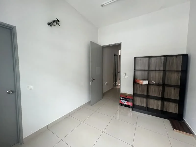 Room features: white painted walls, tile flooring, recessed ceiling lights, single grey door, built-in bookshelf with wooden finish, doorway leading to another room; style: modern.