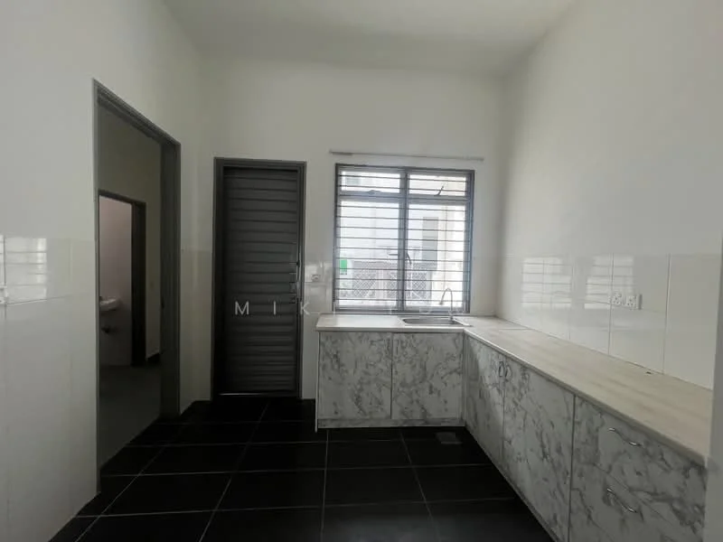 Kitchen features: white painted walls, marble countertop, grey cabinetry, single-bowl stainless-steel sink, window with metal grill, black tile flooring, built-in cabinets, open layout; style: modern. Room features: white painted walls, black tile flooring, doorway leading to another room.