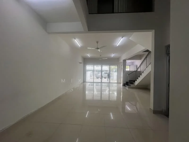 Living features: white painted walls, glossy ceramic tile flooring, 5-blade ceiling fan with light, large sliding glass door, natural light from windows, open layout, staircase visible in background, recessed lighting; style: modern.