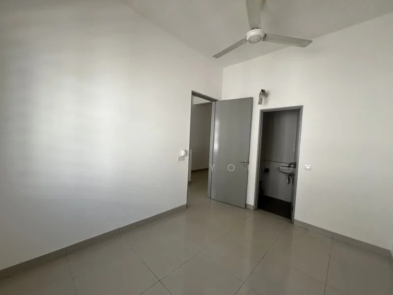 Room features: white painted walls, grey door, floor-to-ceiling windows, tile flooring, ceiling fan, light switch, doorway to bathroom, doorway to another room; style: modern.