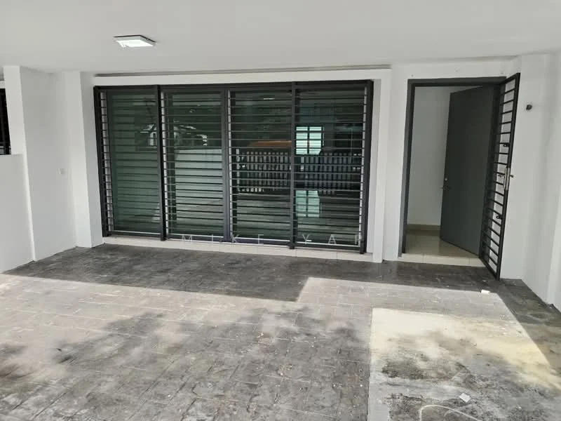 Exterior features: sliding glass door, metal security grille, large windows with horizontal slats, porcelain tile flooring, concrete wall, open space, entrance door, outdoor area; style: modern.