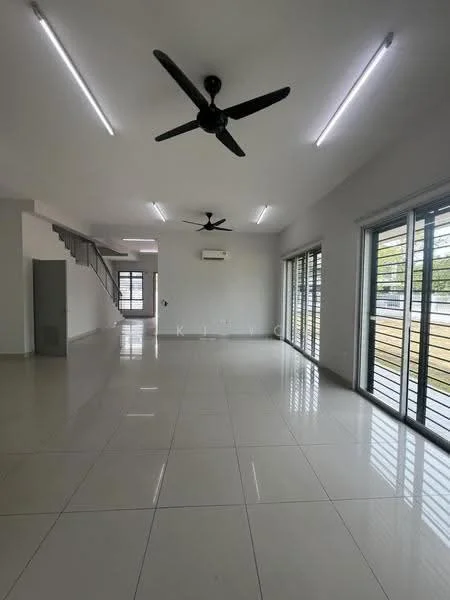 Living features: white painted walls, polished ceramic tile flooring, 2 ceiling fans, recessed LED downlights, floor-to-ceiling windows, sliding glass door, natural light from windows, open layout; style: modern; view: garden.