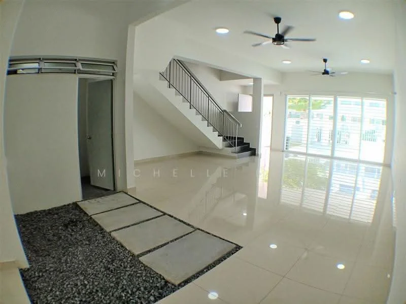 Living features: white painted walls, glossy ceramic tile flooring, 2 ceiling fans, recessed downlights, large glass sliding doors, staircase with metal railing, open layout, natural light from windows, decorative stone pathway; style: modern; view: garden. Room features: white painted walls, glossy ceramic tile flooring, door leading to unknown room.