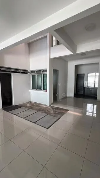 Room features: white painted walls, high ceiling, large windows, tile flooring, open layout, multiple light sources, grey area rug, built-in wardrobe, sliding door, glass window panels, neutral color palette; style: modern.