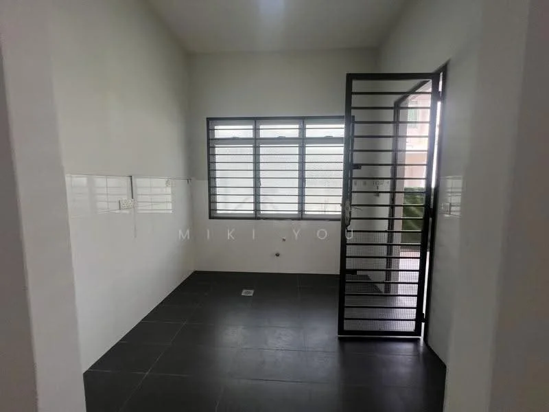 Room features: white painted walls, black tiled flooring, large window with metal grille, door with metal grille, floor drain, light fixture; style: modern.
