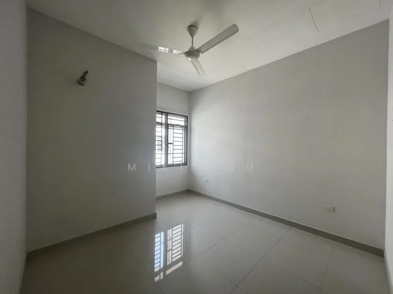 Room features: white painted walls, glossy ceramic tile flooring, ceiling fan, single window with grille, neutral colour scheme, corner room, no visible furniture, natural light from window; style: minimalist.