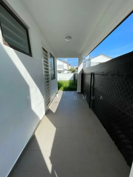 Room features: white painted walls, grey tiled flooring, sliding window, ceiling light, open space, access to outdoor area, fenced side yard, natural light from windows; style: modern; view: garden.