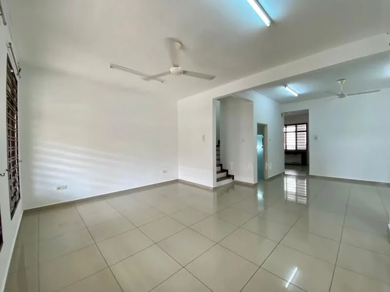 Living features: white painted walls, glossy ceramic tile flooring, 2 ceiling fans, large windows with wooden slats, neutral color scheme, open layout, staircase leading to upper level, natural light from windows; style: modern.
