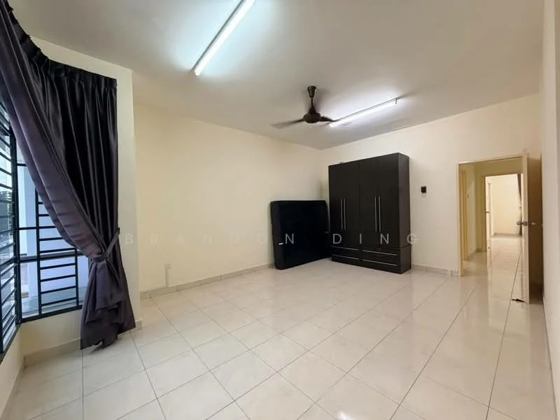 Room features: white painted walls, glossy ceramic tile flooring, ceiling fan, black wardrobe with sliding doors, large window with black curtains, neutral ceiling, doorway leading to another room; style: modern.