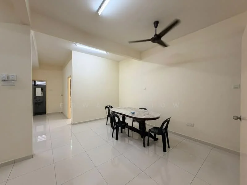 Dining features: white painted walls, glossy white tile flooring, ceiling with fluorescent lighting, 5-blade ceiling fan, rectangular dining table, black plastic dining chairs, open layout, doorway to kitchen area; style: modern.