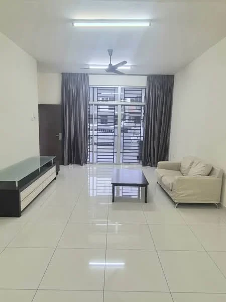 Living features: white painted walls, glossy ceramic tile flooring, 5-blade ceiling fan with light, large glass sliding door, floor-to-ceiling windows, sheer curtains, light-colored fabric sofa, coffee table, TV console with drawers, recessed lighting; style: modern.