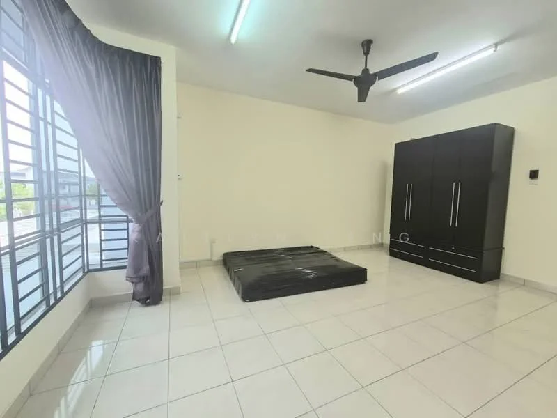 Bedroom features: floor-to-ceiling windows, grey curtains, white painted walls, polished ceramic tile flooring, ceiling fan, black wardrobe with multiple doors, unmade bed with mattress, light fixture on ceiling; style: modern; view: garden.