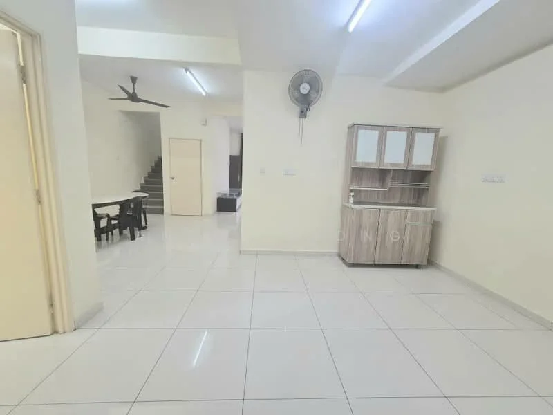 Living features: white painted walls, glossy white tile flooring, ceiling fan, recessed LED downlights, wall-mounted air conditioning unit, dining table with chairs, wooden sideboard, staircase in background; style: modern.