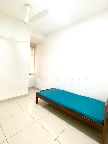 Bedroom features: single bed with wooden frame, teal bedspread, white painted walls, ceiling fan, tile flooring, window with sheer curtains, natural light from window; style: minimalist.