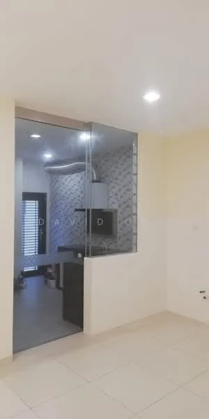 Room features: light-colored painted walls, tile flooring, large glass window, kitchen area visible, exposed ductwork, modern light fixtures, neutral color scheme, open layout; style: modern.