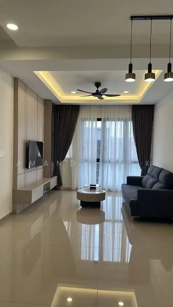 Living features: 3-seater fabric sofa in dark blue, coffee table with round glass top, wall-mounted TV, built-in TV console with wood finish, floor-to-ceiling windows with sheer curtains, 5-blade ceiling fan with integrated LED light, recessed ceiling lights, cream painted walls, glossy tile flooring, decorative wall paneling; style: modern.