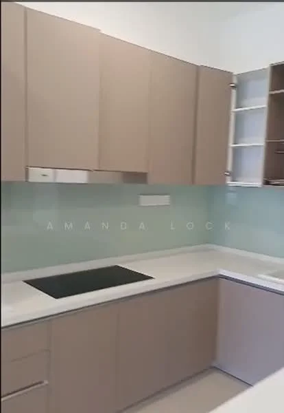 Kitchen features: light brown cabinetry, white countertop, glass backsplash, built-in cooktop, single-bowl stainless-steel sink, modern faucet, open shelving, under-cabinet lighting; style: modern.