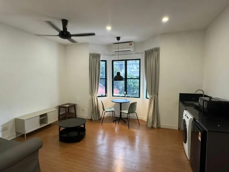 Living features: light wood laminate flooring, white painted walls, 5-blade ceiling fan with light, floor-to-ceiling window, sheer curtains, black dining table with two chairs, black round coffee table, sofa in grey fabric, wall-mounted air conditioning unit, microwave, front-load washing machine; style: modern; view: city.