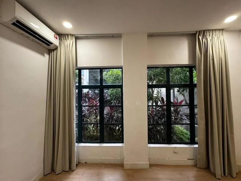 Room features: 2 floor-to-ceiling windows, black window frames, white painted walls, curtains in light fabric, wooden flooring, 1 wall-mounted split AC; view: garden.