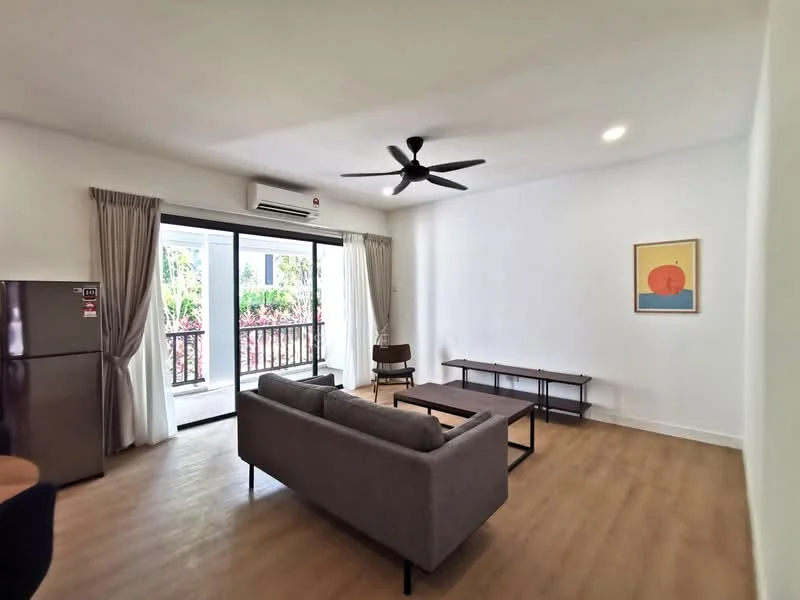 Living features: 3-seater fabric sofa in grey, wooden coffee table, TV console, wall-mounted TV, 5-blade ceiling fan with light, floor-to-ceiling sliding glass door, sheer curtains, laminate flooring, decorative artwork on wall, air conditioning unit; style: modern; view: garden.