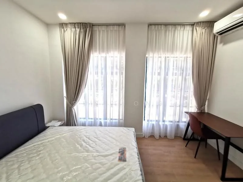 Bedroom features: queen-size bed, upholstered headboard, 2 floor-to-ceiling windows, sheer curtains, wooden flooring, wall-mounted split AC, study desk, wooden chair, white painted walls, recessed downlights; style: modern.