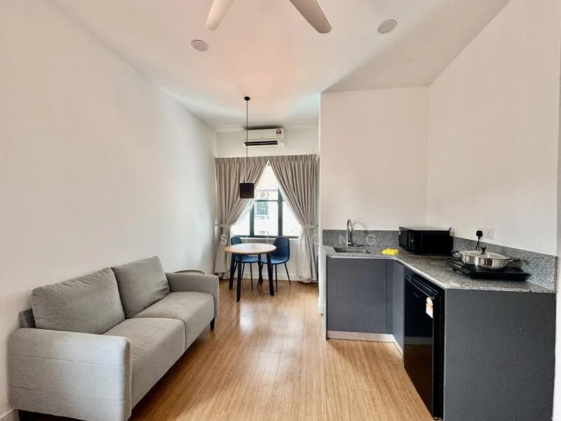Living features: grey fabric 2-seater sofa, round dining table, 2 dining chairs, floor-to-ceiling window, sheer curtains, light wood flooring, recessed downlights, ceiling fan, granite countertop, black cabinetry, built-in sink, electric stove, microwave, kitchen appliances; style: modern.