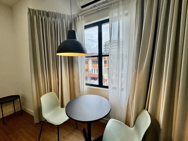 Room features: floor-to-ceiling window, black round dining table, 2 white chairs, light fixture with black shade, sheer curtains, black curtain, wooden flooring, wall-mounted air conditioning unit; style: modern; view: city.